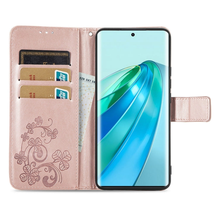 For Honor Magic5 Lite Four-leaf Clasp Embossed Buckle Leather Phone Case(Rose Gold)