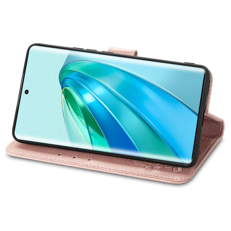 For Honor Magic5 Lite Four-leaf Clasp Embossed Buckle Leather Phone Case(Rose Gold)