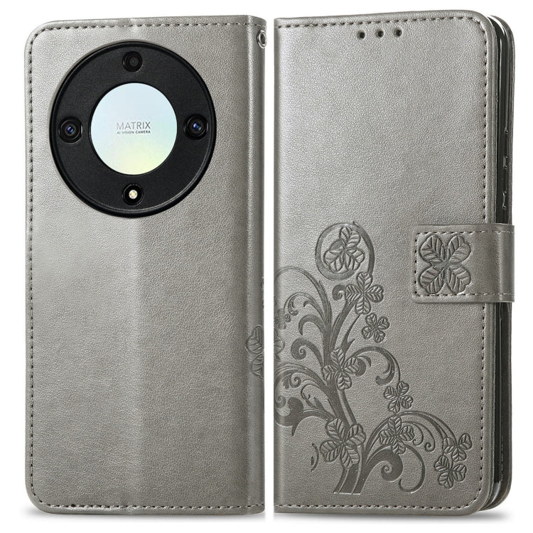 For Honor Magic5 Lite Four-leaf Clasp Embossed Buckle Leather Phone Case(Gray)