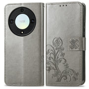 For Honor Magic5 Lite Four-leaf Clasp Embossed Buckle Leather Phone Case(Gray)