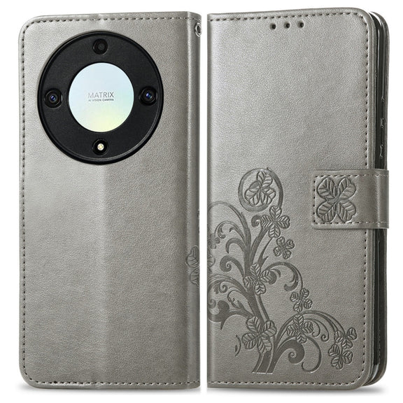 For Honor Magic5 Lite Four-leaf Clasp Embossed Buckle Leather Phone Case(Gray)
