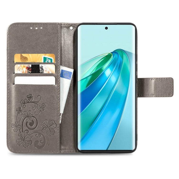 For Honor Magic5 Lite Four-leaf Clasp Embossed Buckle Leather Phone Case(Gray)