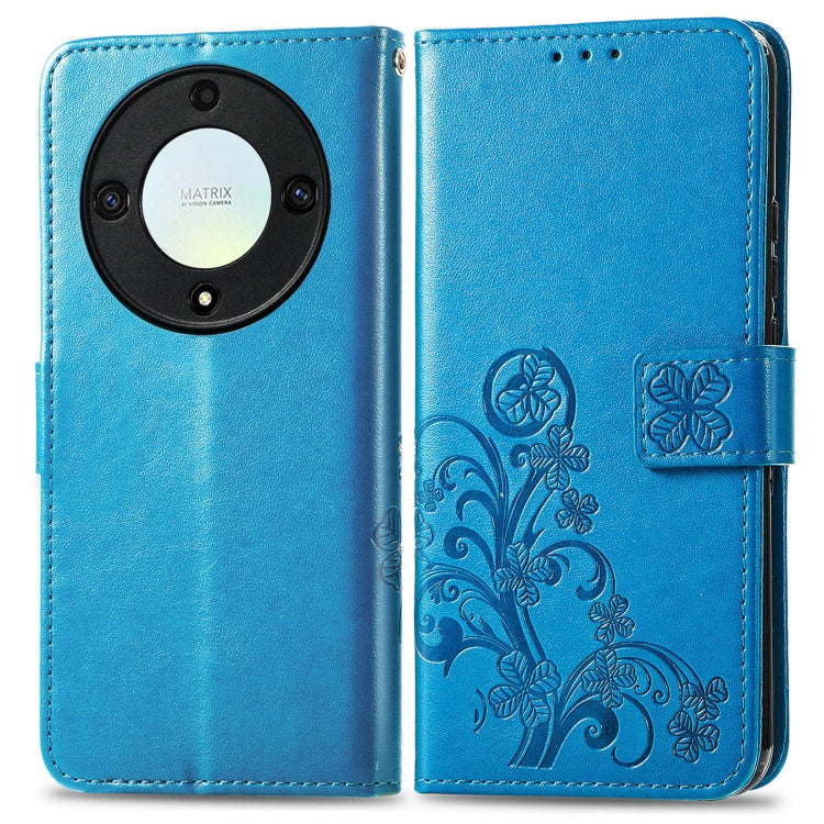 For Honor Magic5 Lite Four-leaf Clasp Embossed Buckle Leather Phone Case(Blue)