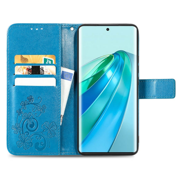 For Honor Magic5 Lite Four-leaf Clasp Embossed Buckle Leather Phone Case(Blue)