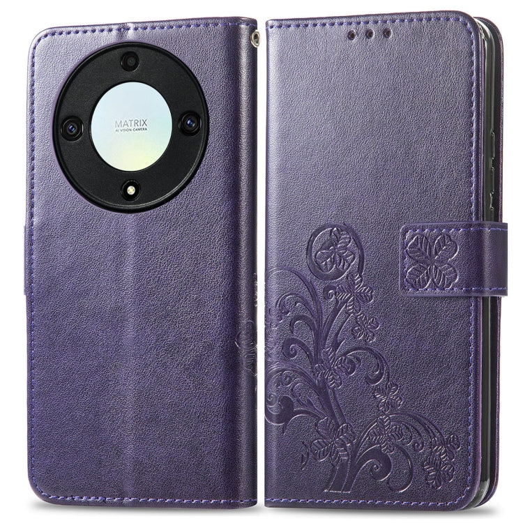 For Honor Magic5 Lite Four-leaf Clasp Embossed Buckle Leather Phone Case(Purple)