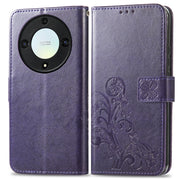 For Honor Magic5 Lite Four-leaf Clasp Embossed Buckle Leather Phone Case(Purple)
