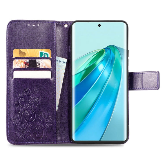 For Honor Magic5 Lite Four-leaf Clasp Embossed Buckle Leather Phone Case(Purple)