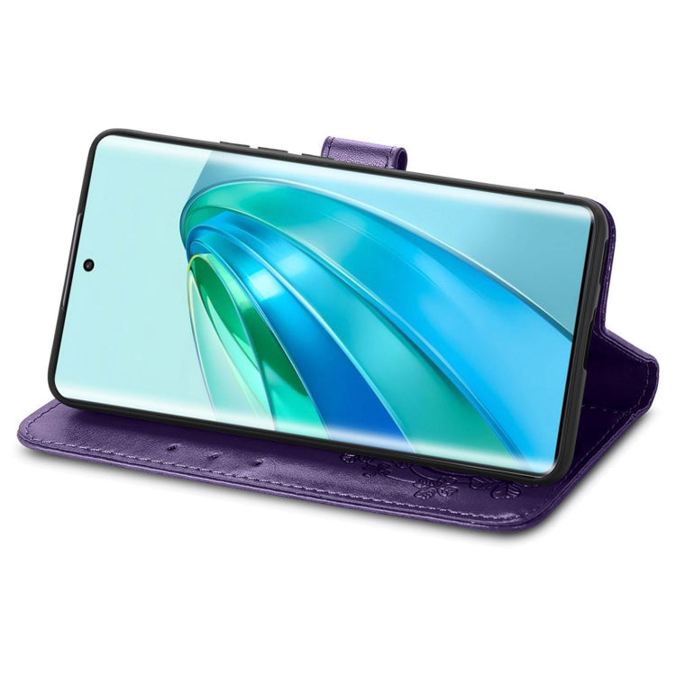 For Honor Magic5 Lite Four-leaf Clasp Embossed Buckle Leather Phone Case(Purple)