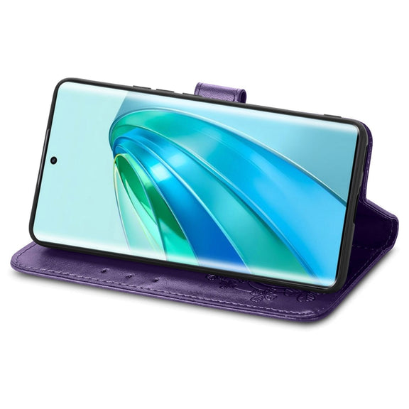 For Honor Magic5 Lite Four-leaf Clasp Embossed Buckle Leather Phone Case(Purple)