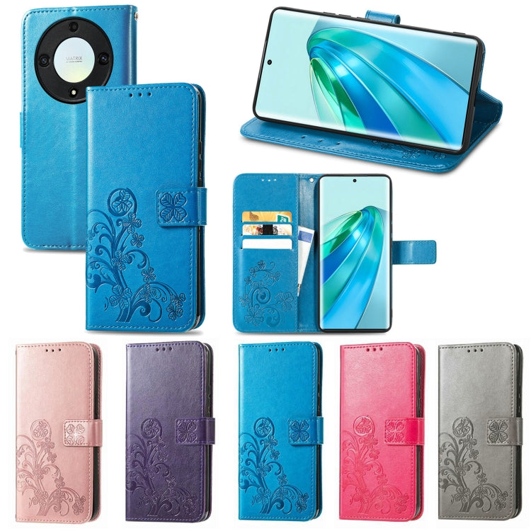 For Honor Magic5 Lite Four-leaf Clasp Embossed Buckle Leather Phone Case(Gray)
