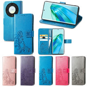 For Honor Magic5 Lite Four-leaf Clasp Embossed Buckle Leather Phone Case(Magenta)