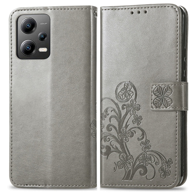 For Xiaomi Poco X5 Four-leaf Clasp Embossed Leather Phone Case(Gray)