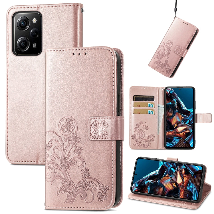 For xiaomi Poco X5 Pro Four-leaf Clasp Embossed Leather Phone Case(Rose Gold)