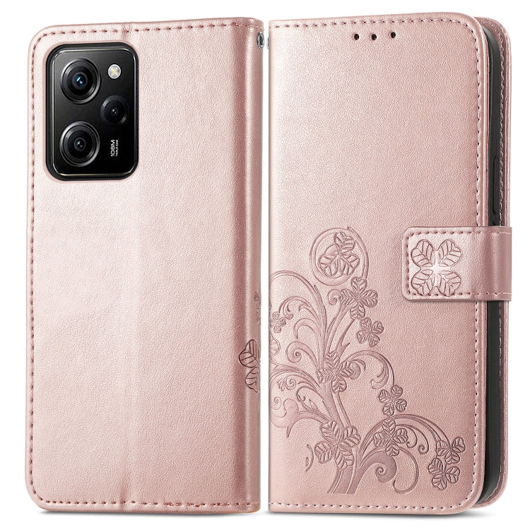 For xiaomi Poco X5 Pro Four-leaf Clasp Embossed Leather Phone Case(Rose Gold)