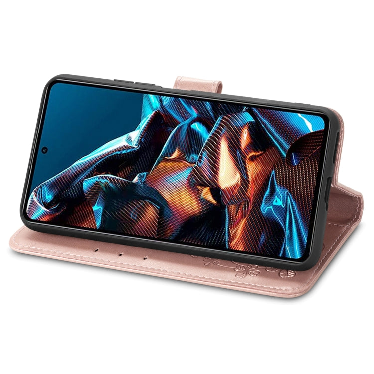 For xiaomi Poco X5 Pro Four-leaf Clasp Embossed Leather Phone Case(Rose Gold)