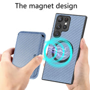 For Samsung Galaxy S22 5G Carbon Fiber Leather Card Magsafe Magnetic Phone Case(Blue)