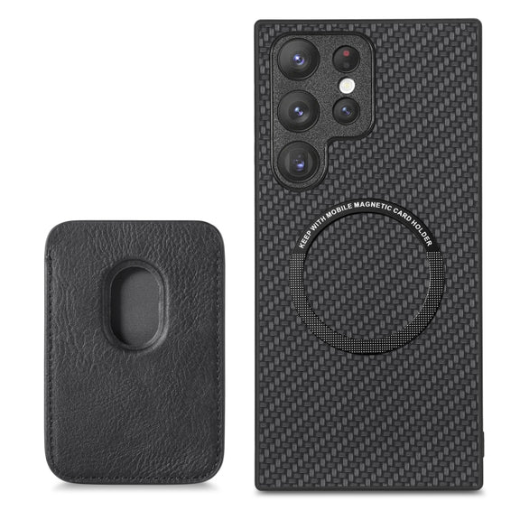 For Samsung Galaxy S22+ 5G Carbon Fiber Leather Card Magsafe Magnetic Phone Case(Black)
