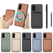 For Samsung Galaxy S20 Carbon Fiber Leather Card Magsafe Magnetic Phone Case(Khaki)