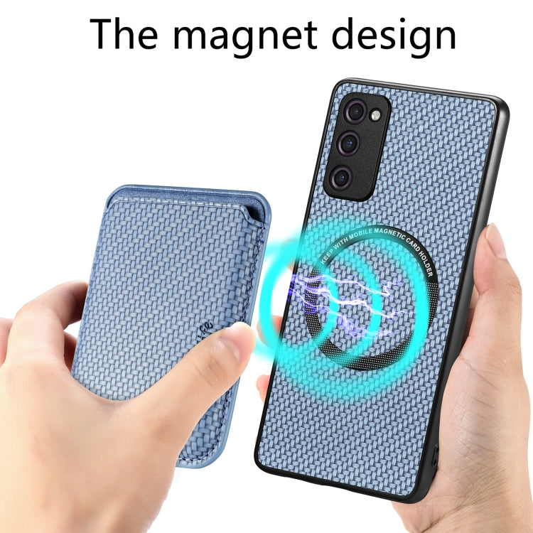 For Samsung Galaxy S21 FE 5G Carbon Fiber Leather Card Magsafe Magnetic Phone Case(Blue)