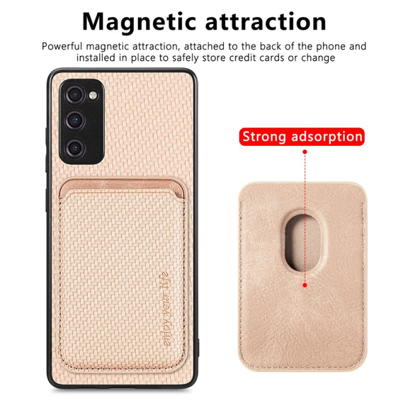 For Samsung Galaxy S20 FE Carbon Fiber Leather Card Magsafe Magnetic Phone Case(Khaki)