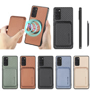 For Samsung Galaxy S20 FE Carbon Fiber Leather Card Magsafe Magnetic Phone Case(Khaki)