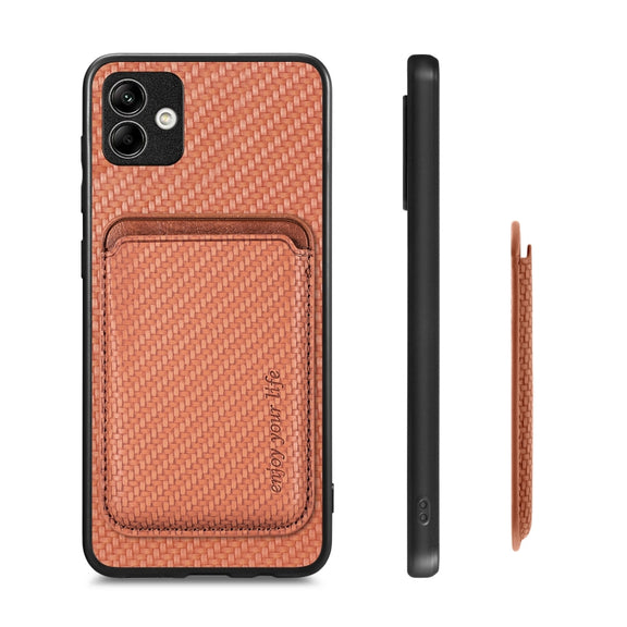 For Samsung Galaxy A04 4G Carbon Fiber Leather Card Magsafe Magnetic Phone Case(Brown)