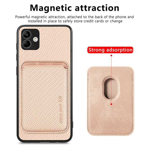 For Samsung Galaxy A04 4G Carbon Fiber Leather Card Magsafe Magnetic Phone Case(Khaki)