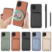 For Samsung Galaxy A22 4G Carbon Fiber Leather Card Magsafe Magnetic Phone Case(Black)