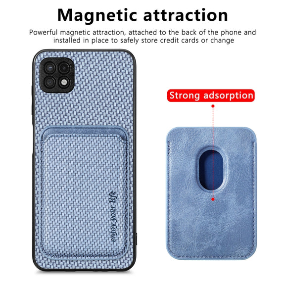 For Samsung Galaxy A22 5G Carbon Fiber Leather Card Magsafe Magnetic Phone Case(Blue)