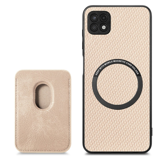 For Samsung Galaxy A22 5G Carbon Fiber Leather Card Magsafe Magnetic Phone Case(Khaki)