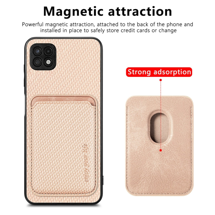 For Samsung Galaxy A22 5G Carbon Fiber Leather Card Magsafe Magnetic Phone Case(Khaki)