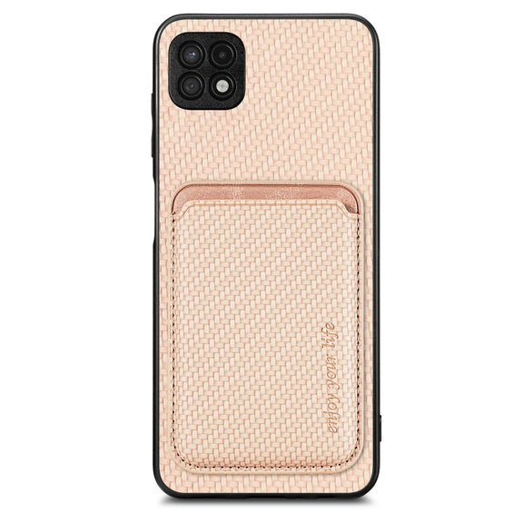 For Samsung Galaxy A22 5G Carbon Fiber Leather Card Magsafe Magnetic Phone Case(Khaki)