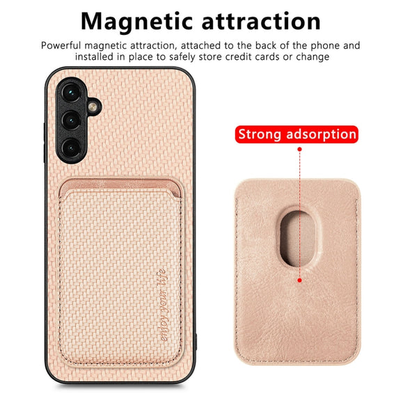 For Samsung Galaxy A54 5G Carbon Fiber Leather Card Magsafe Magnetic Phone Case(Khaki)