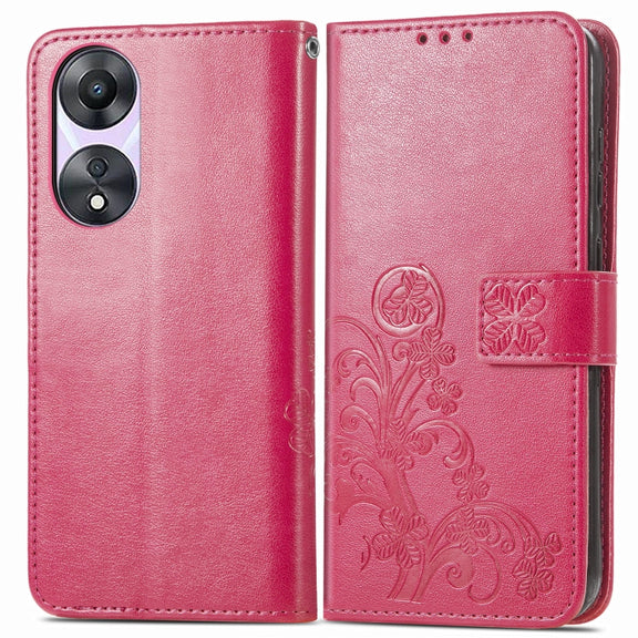 For OPPO A78 Four-leaf Clasp Embossed Buckle Leather Phone Case(Magenta)