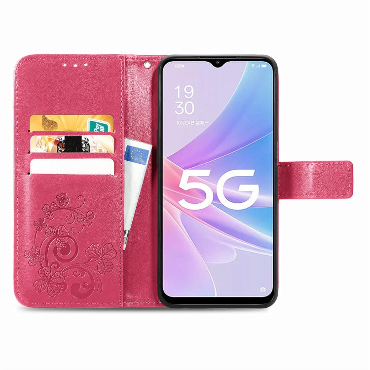 For OPPO A78 Four-leaf Clasp Embossed Buckle Leather Phone Case(Magenta)