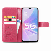 For OPPO A78 Four-leaf Clasp Embossed Buckle Leather Phone Case(Magenta)