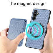 For Samsung Galaxy A34 5G Carbon Fiber Leather Card Magsafe Magnetic Phone Case(Blue)