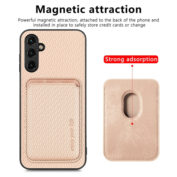 For Samsung Galaxy A34 5G Carbon Fiber Leather Card Magsafe Magnetic Phone Case(Khaki)
