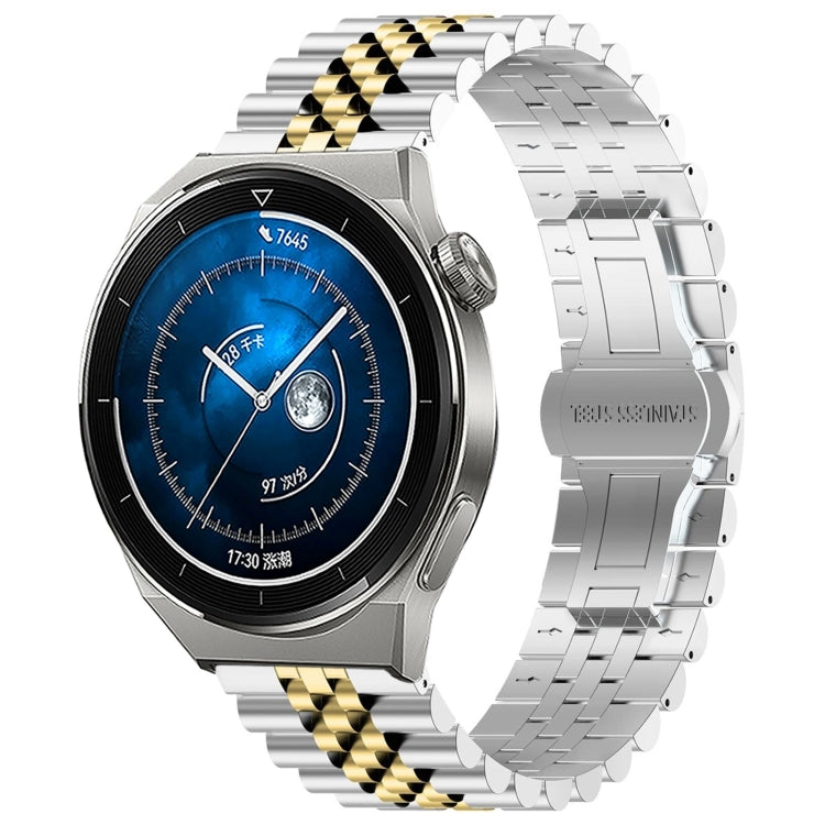 For Huawei Watch GT3 Pro 46mm Five Bull Half Round Stainless Steel Watch Band + Strap Removal Tool(Silver+Gold)