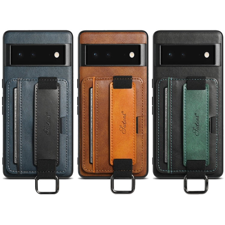 For Googel Pixel 6 Pro Suteni H13 Card Wallet Wrist Strap Holder PU Phone Case(Blue)