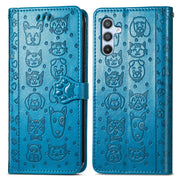For Samsung Galaxy A34 5G Cat and Dog Embossed Phone Leather Phone Case(Blue)