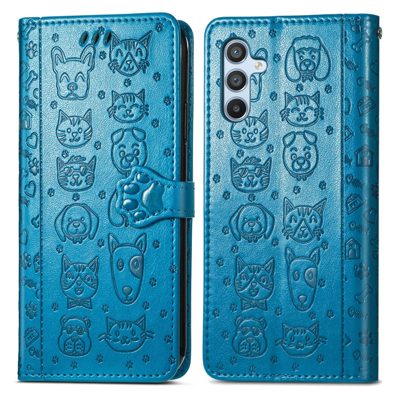 For Samsung Galaxy A34 5G Cat and Dog Embossed Phone Leather Phone Case(Blue)