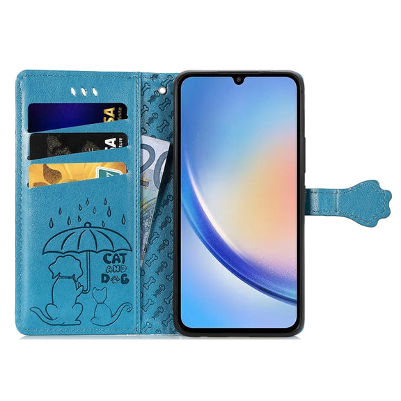 For Samsung Galaxy A34 5G Cat and Dog Embossed Phone Leather Phone Case(Blue)