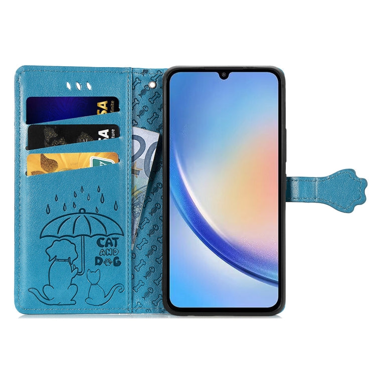 For Samsung Galaxy A34 5G Cat and Dog Embossed Phone Leather Phone Case(Blue)