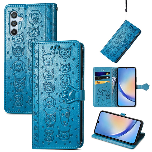 For Samsung Galaxy A34 5G Cat and Dog Embossed Phone Leather Phone Case(Blue)