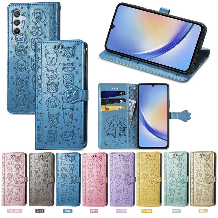 For Samsung Galaxy A34 5G Cat and Dog Embossed Phone Leather Phone Case(Blue)