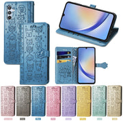 For Samsung Galaxy A34 5G Cat and Dog Embossed Phone Leather Phone Case(Blue)