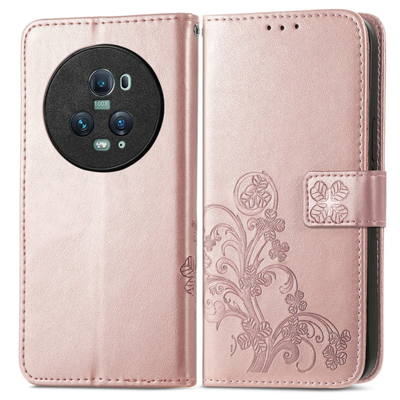 For Honor Magic5 Pro Four-leaf Clasp Embossed Buckle Leather Phone Case(Rose Gold)