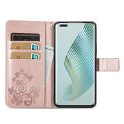 For Honor Magic5 Pro Four-leaf Clasp Embossed Buckle Leather Phone Case(Rose Gold)