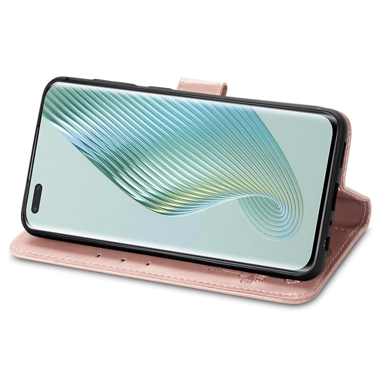 For Honor Magic5 Pro Four-leaf Clasp Embossed Buckle Leather Phone Case(Rose Gold)